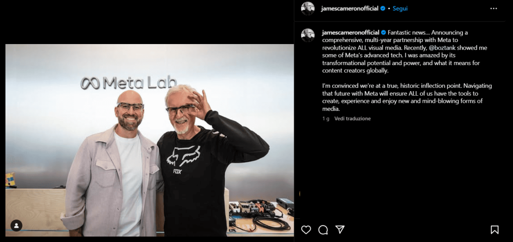 Accordo tra James Cameron e Meta "per rivoluzionare il cinema"